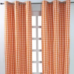 Cotton Orange Block Check Gingham Ready Made Eyelet Curtains