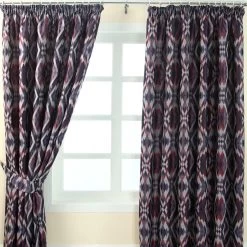 Blue And Red Jacquard Curtain Geometric Diamond Design Fully Lined