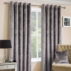 Silver Luxury Crushed Velvet Lined Eyelet Curtain Pair