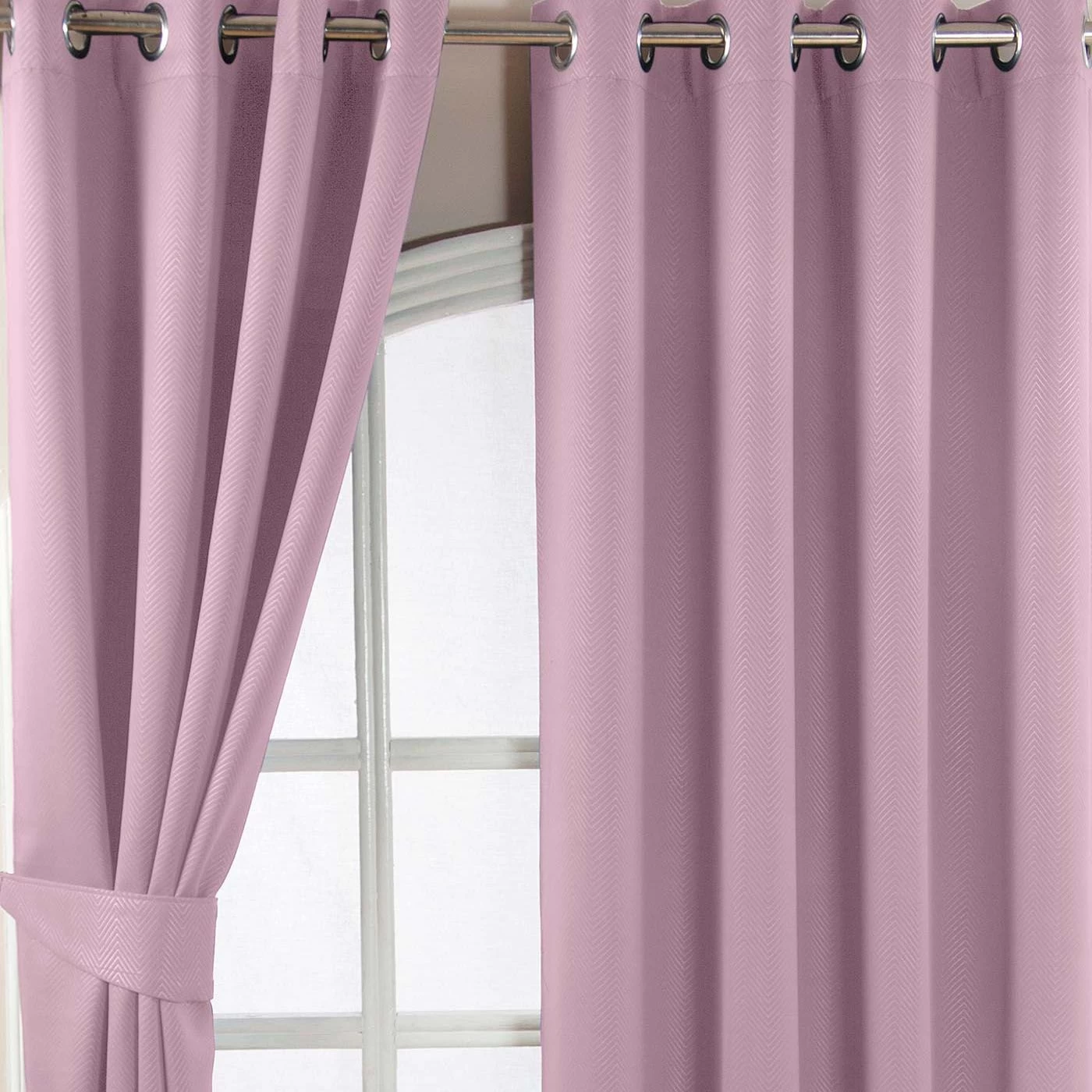 Pastel Pink Herringbone Chevron Blackout Thermal Curtains Pair Eyelet Style