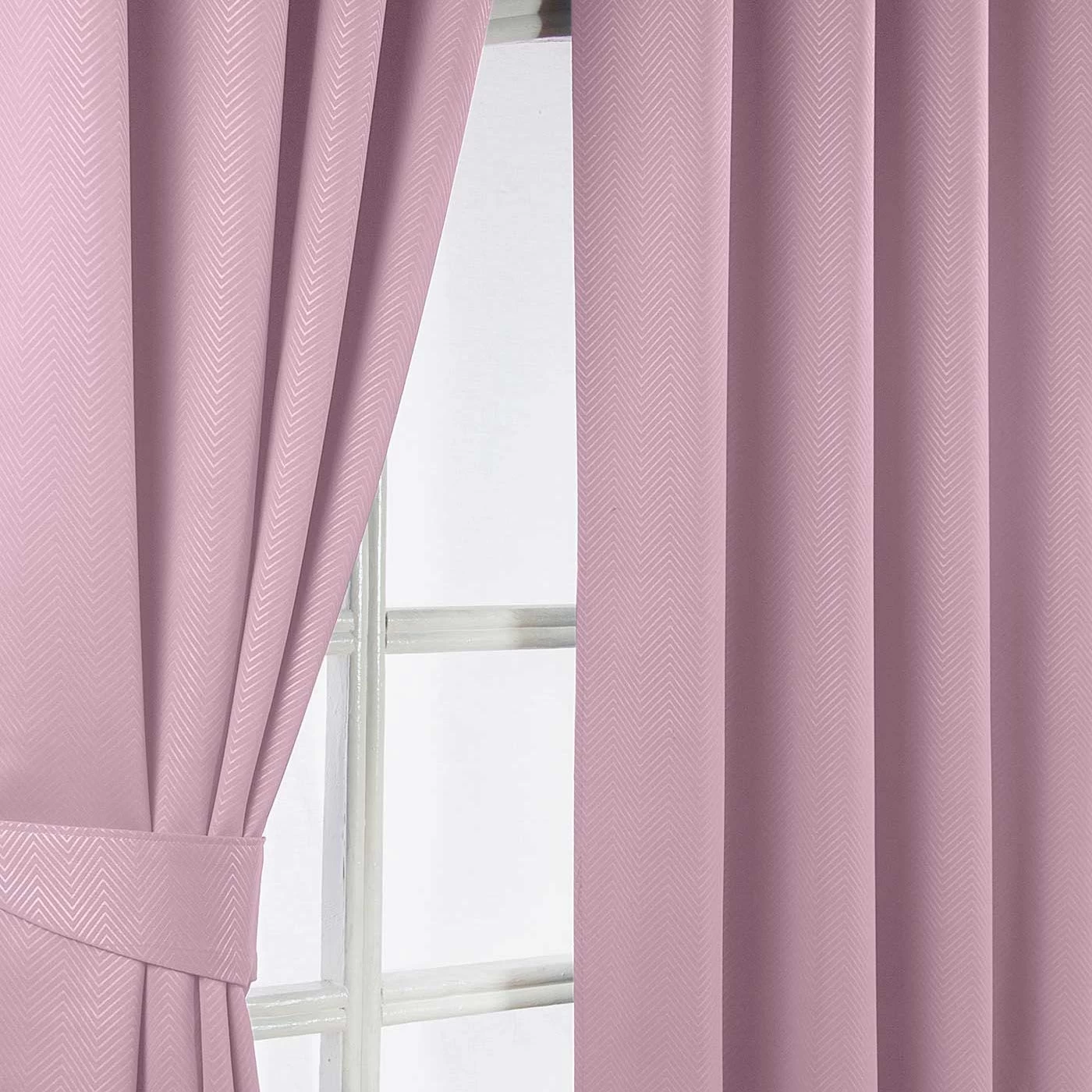 Pastel Pink Herringbone Chevron Blackout Thermal Curtains Pair Eyelet Style - Image 2