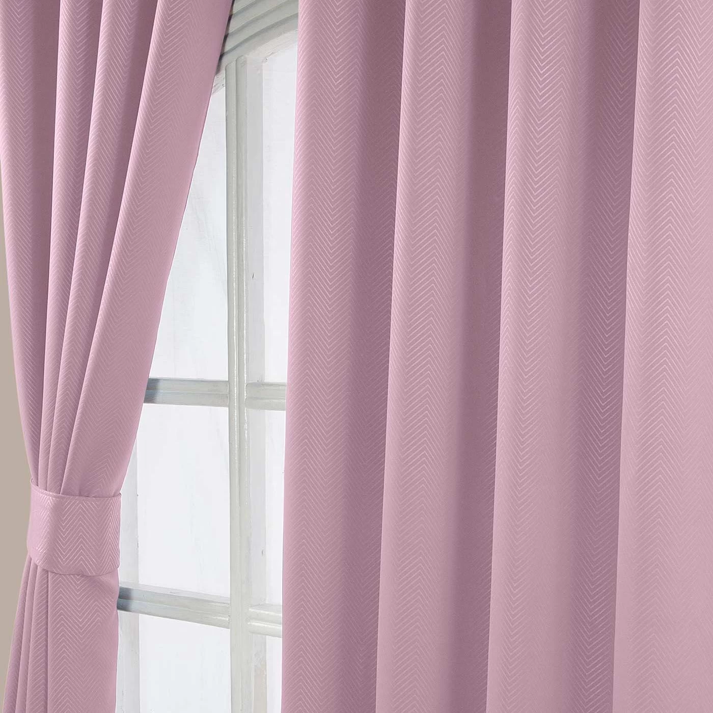 Pastel Pink Herringbone Chevron Blackout Thermal Curtains Pair Eyelet Style - Image 3