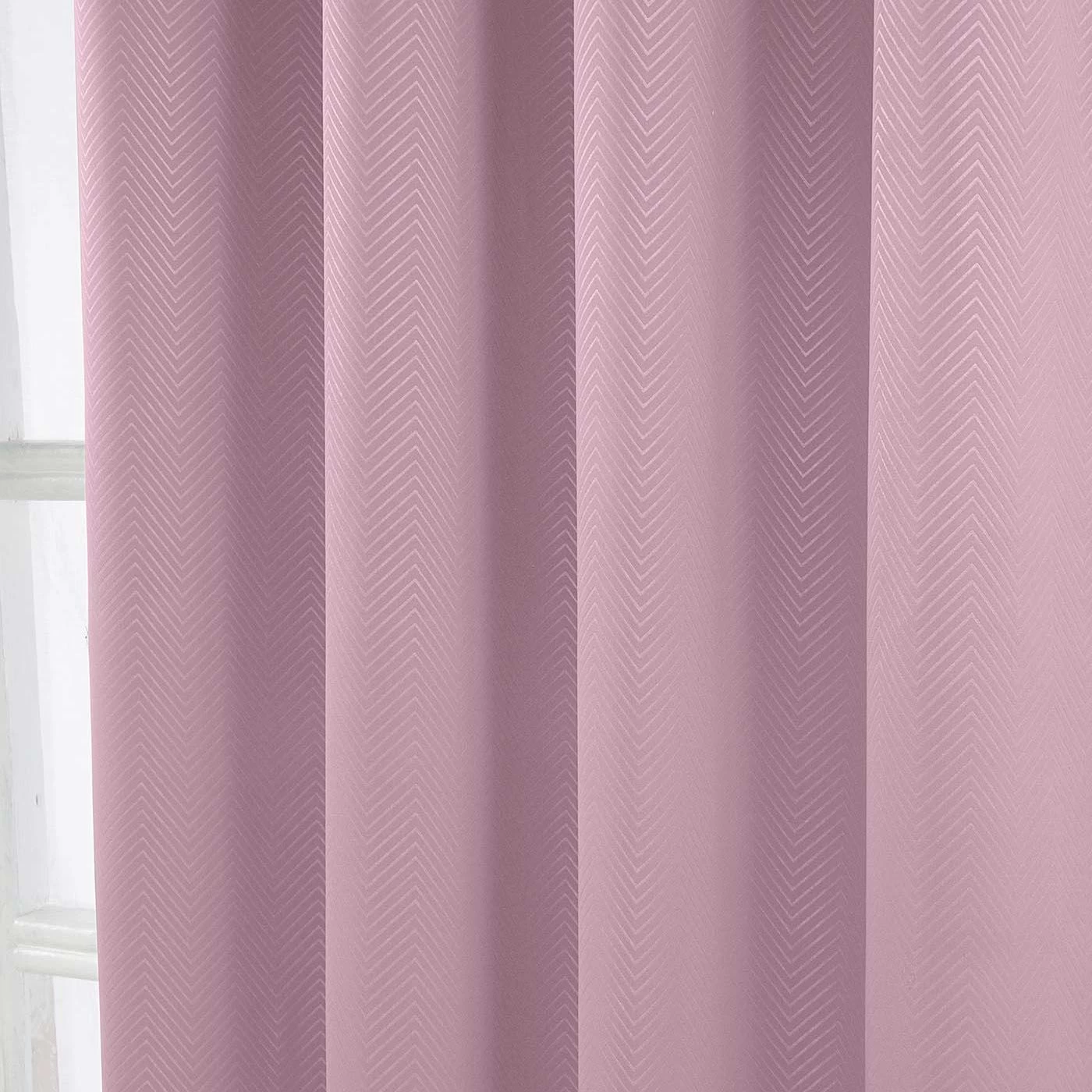 Pastel Pink Herringbone Chevron Blackout Thermal Curtains Pair Eyelet Style - Image 4