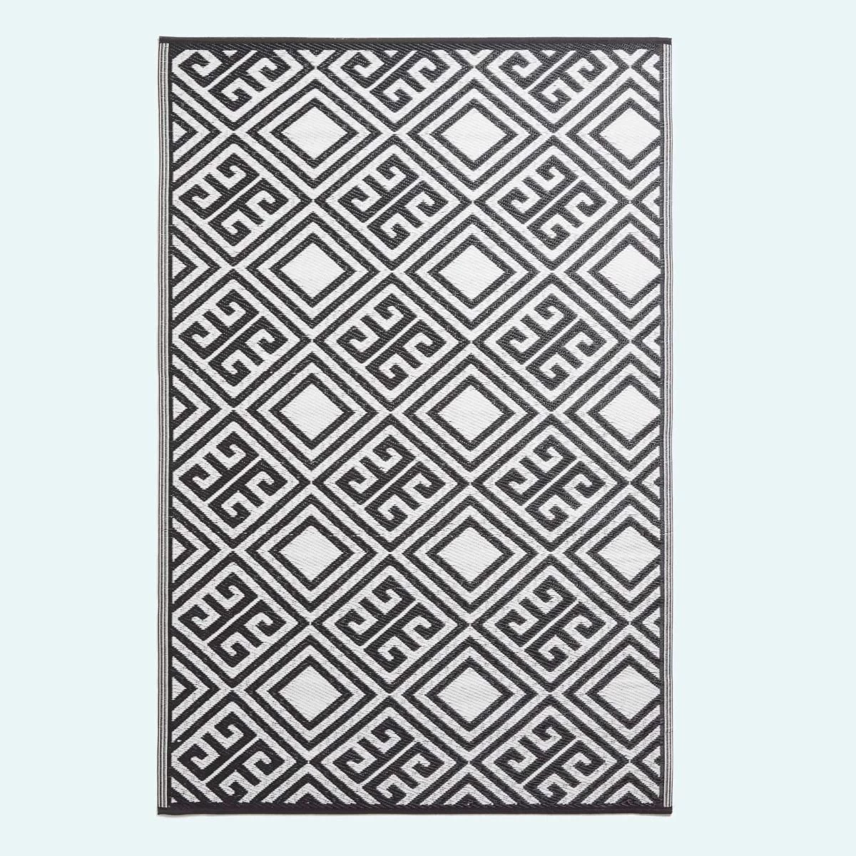 Black And White Geometric Design Reversible Outdoor Rug