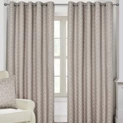 Natural Geometric Jacquard Blackout Eyelet Curtain Pair