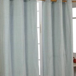 Cotton Gingham Check Blue Ready Made Eyelet Curtains