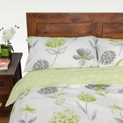 Green, White And Grey Floral Duvet Cover Set