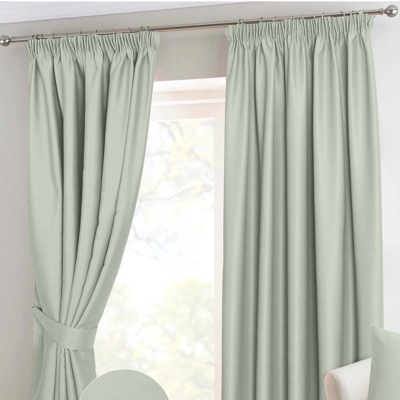Ivory Herringbone Chevron Thermal Blackout Curtains Pair Pencil Pleat