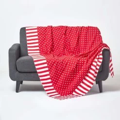 Cotton Red Polka Dots And Stripes Sofa Throw