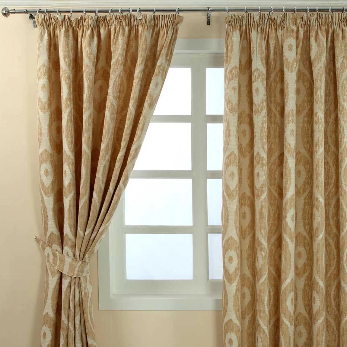 Cream And Gold Jacquard Curtain Abstract Ikat Design Fully Lined With Tie Backs, 46 X 72" Drop