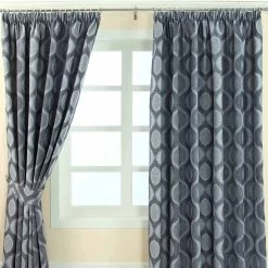 Blue Jacquard Curtain Modern Curve Design Fully Lined With Tie Backs