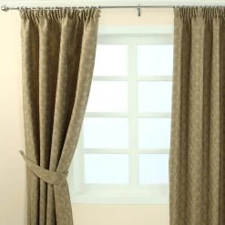 Gold Jacquard Curtain Vintage Floral Design Fully Lined With Tie Backs, 46 X 72" Drop