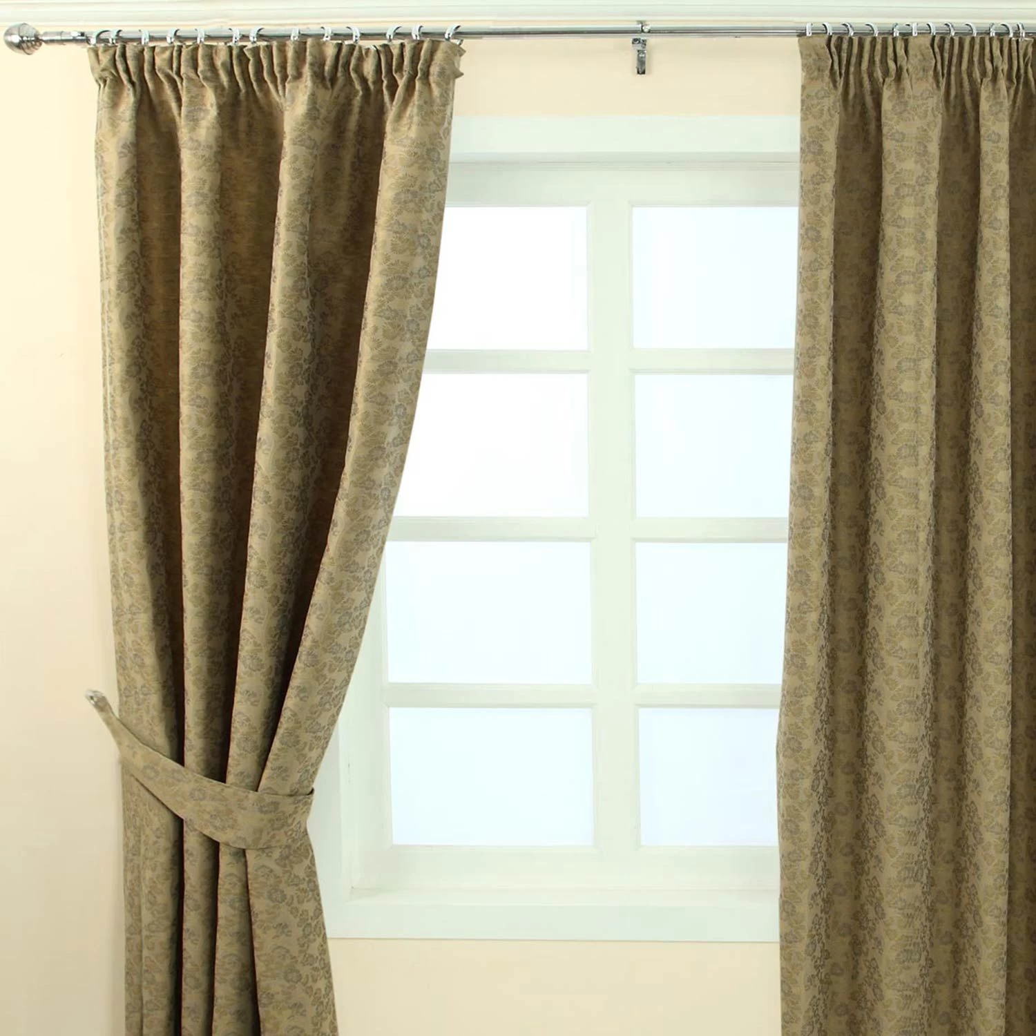 Gold Jacquard Curtain Vintage Floral Design Fully Lined With Tie Backs, 46 X 72" Drop