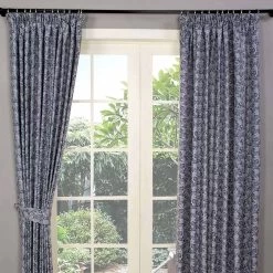 Blue Jacquard Curtain Vintage Floral Design Fully Lined