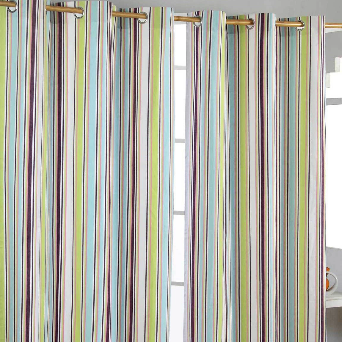 Osaka Green Stripes Ready Made Eyelet Curtain Pair