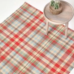 Ramsay Handwoven Red, Blue And Cream Tartan 100% Cotton Rug
