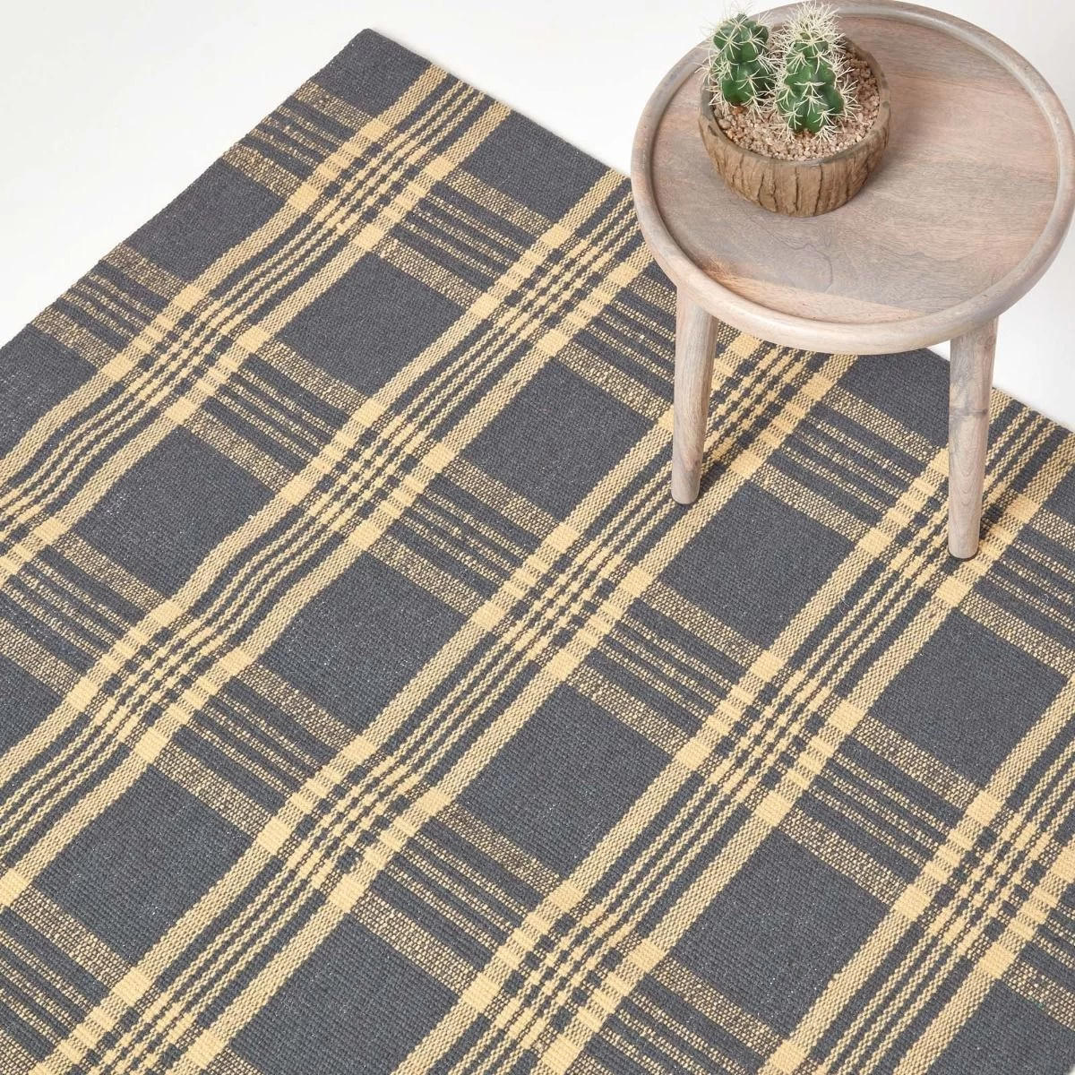Douglas Grey And Yellow Tartan Check Non-Slip 100% Wool Rug