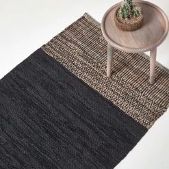 Black Recycled Leather Handwoven Herringbone Rug