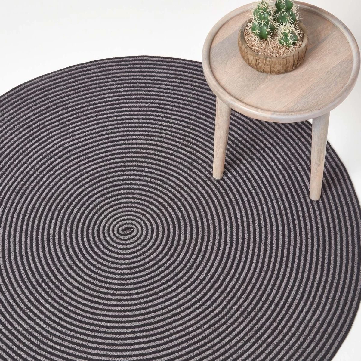 Grey And Black Handmade Woven Spiral Braided Rug