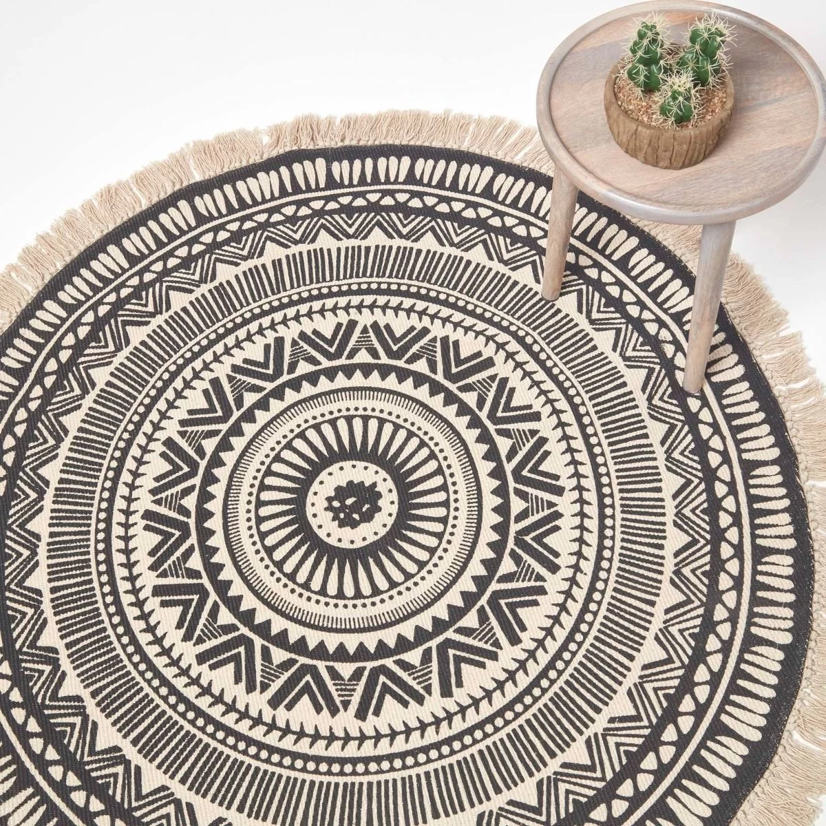 Black & White 100% Cotton Mandala Printed Round Rug - Image 2