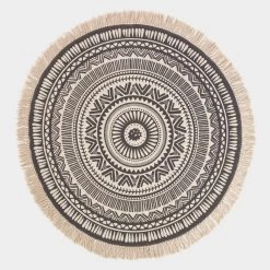 Black & White 100% Cotton Mandala Printed Round Rug