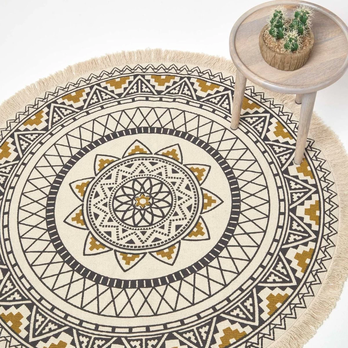 Black & Gold 100% Cotton Mandala Printed Round Rug - Image 2