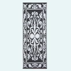 Black & White Outdoor Rug Runner With Damask Design, 198 X 73 Cm