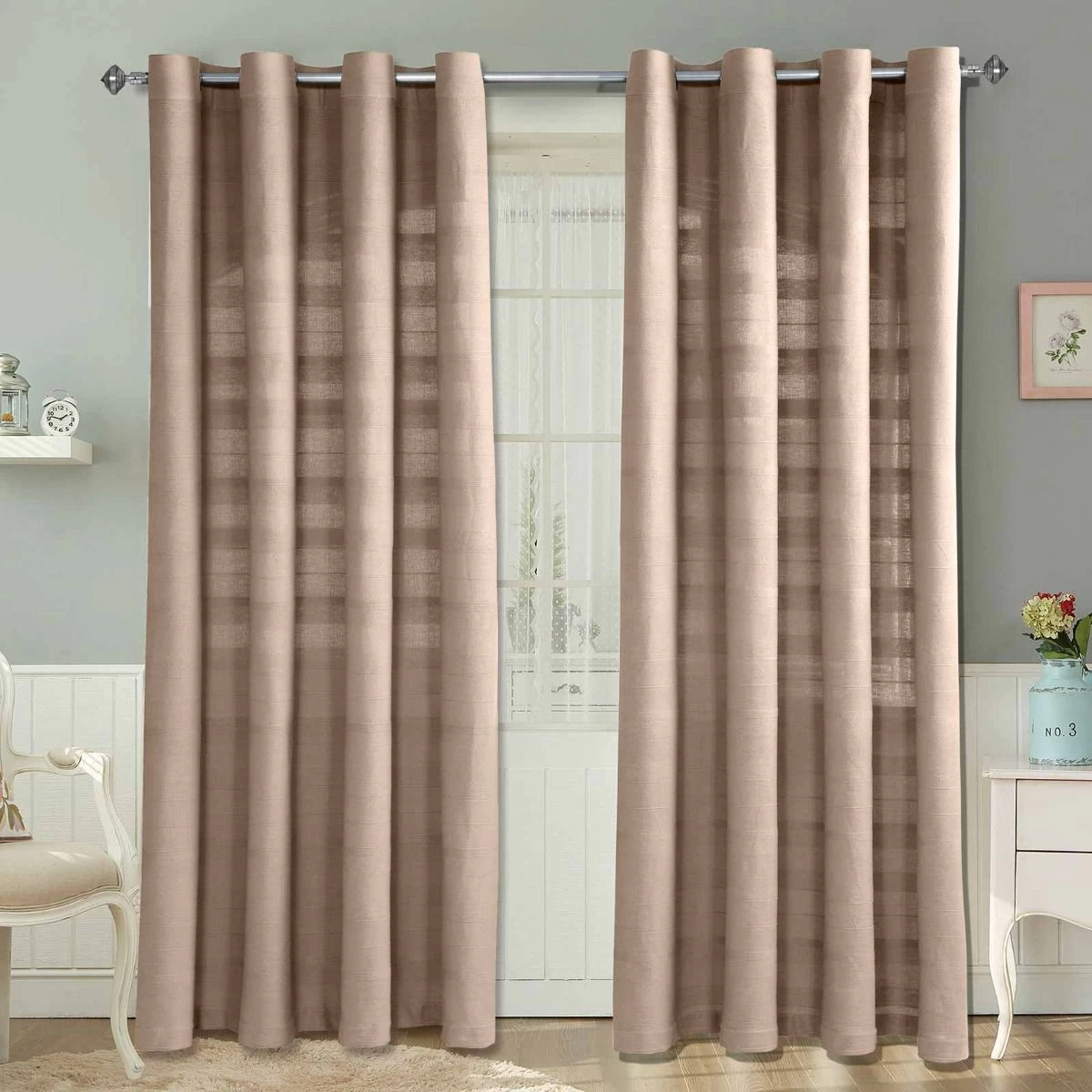 Cotton Rajput Ribbed Beige Curtain Pair