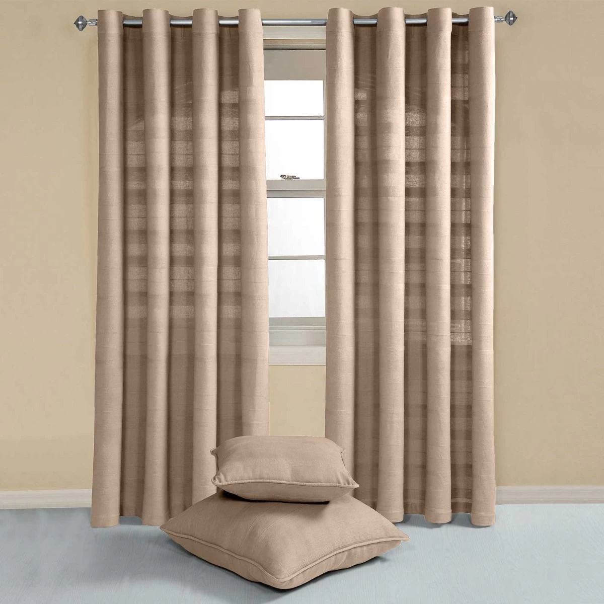 Cotton Rajput Ribbed Beige Curtain Pair - Image 2
