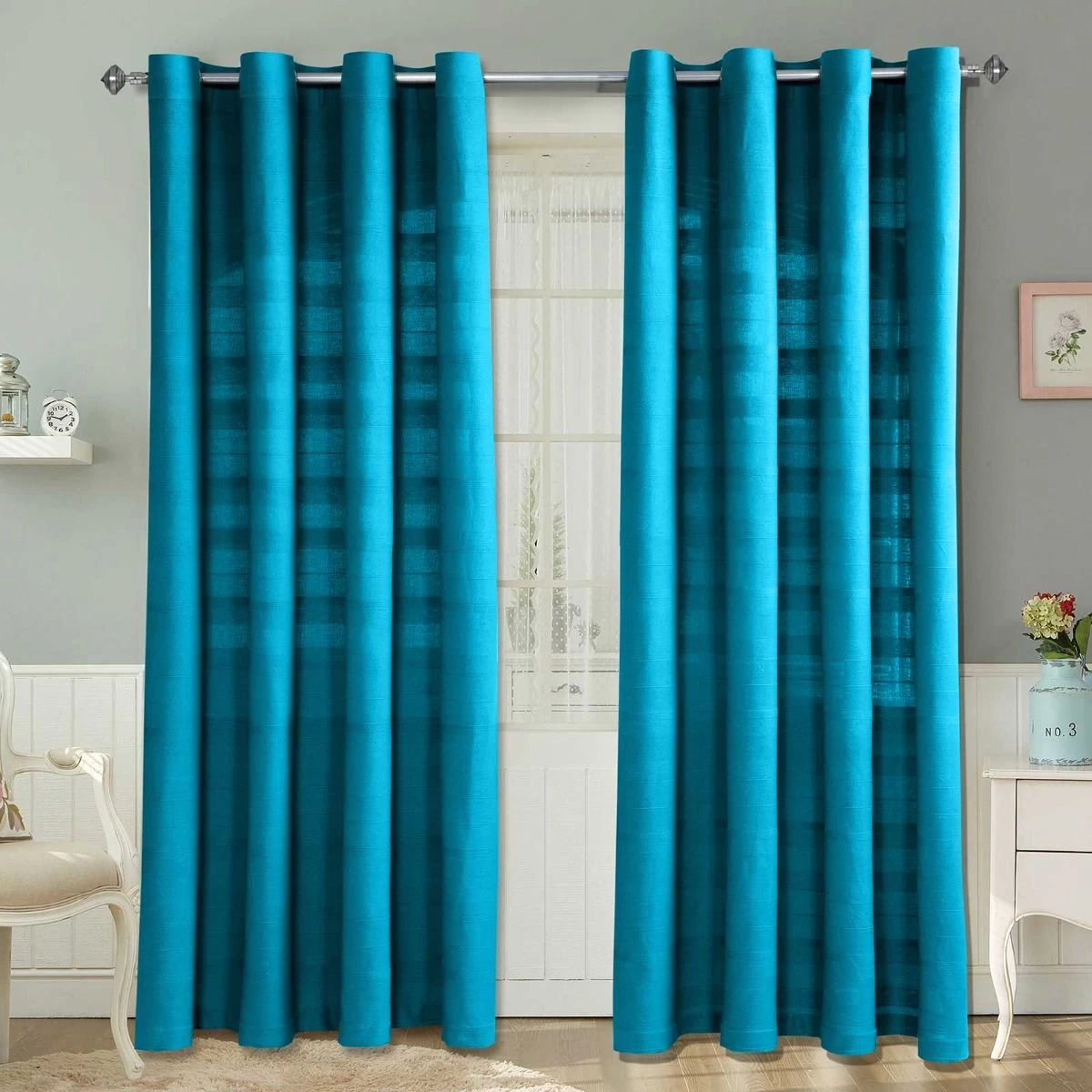 Cotton Rajput Ribbed Teal Curtain Pair
