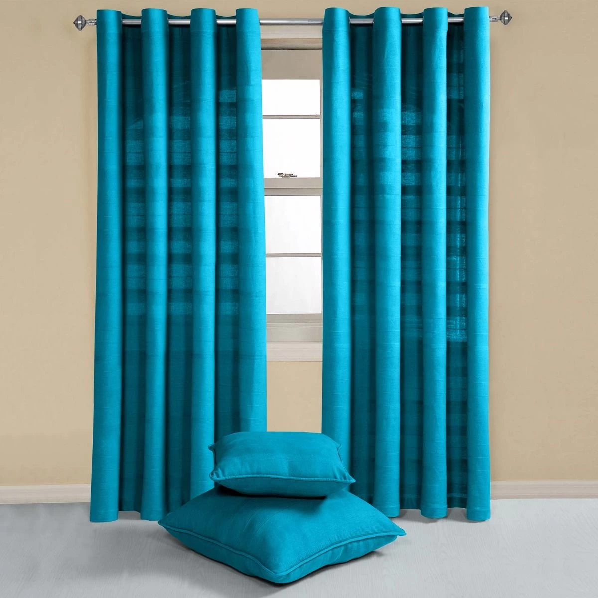 Cotton Rajput Ribbed Teal Curtain Pair - Image 2