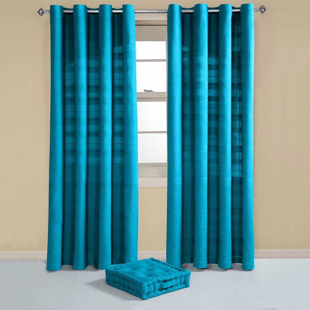 Cotton Rajput Ribbed Teal Curtain Pair - Image 3