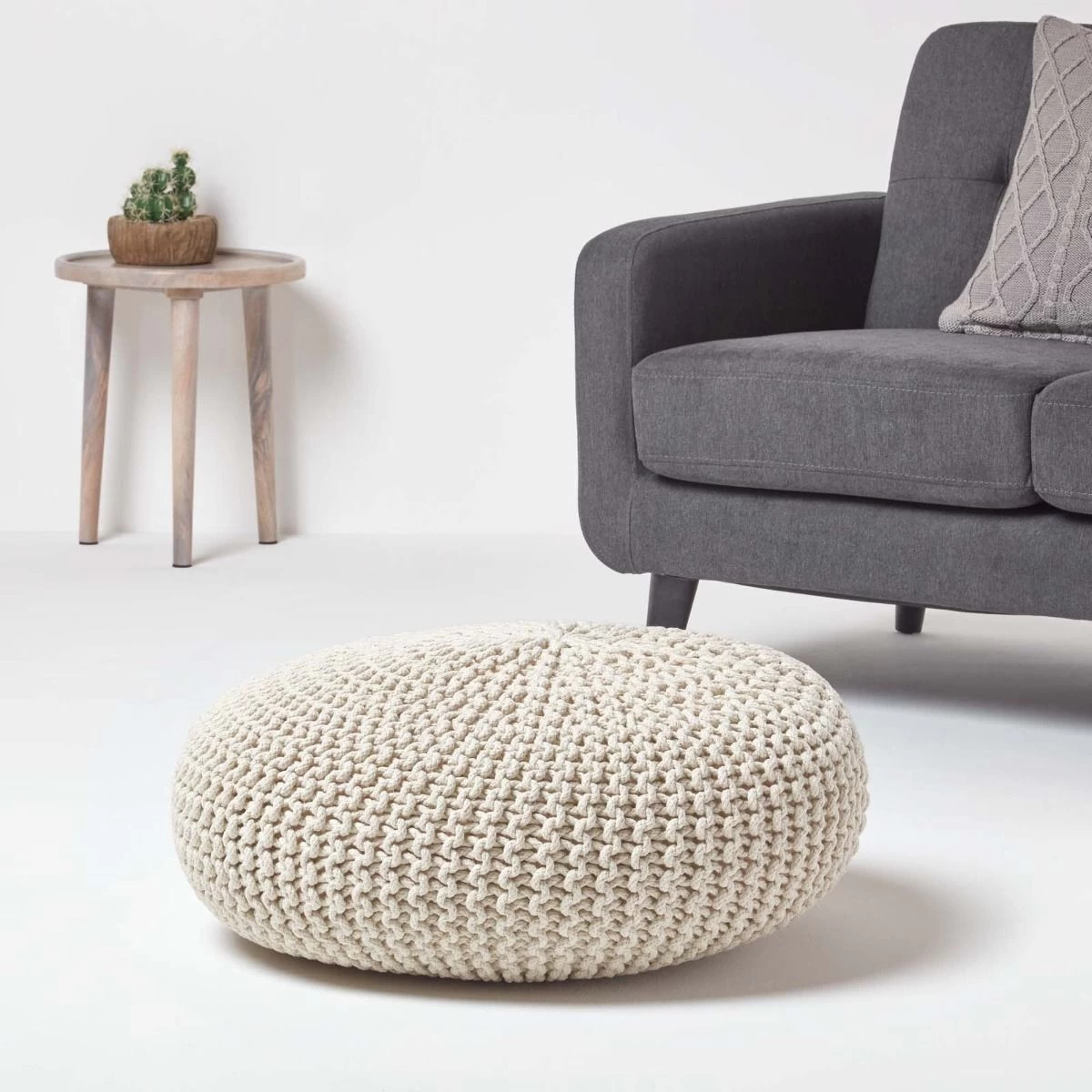 Natural Large Round Cotton Knitted Pouffe Footstool - Image 2