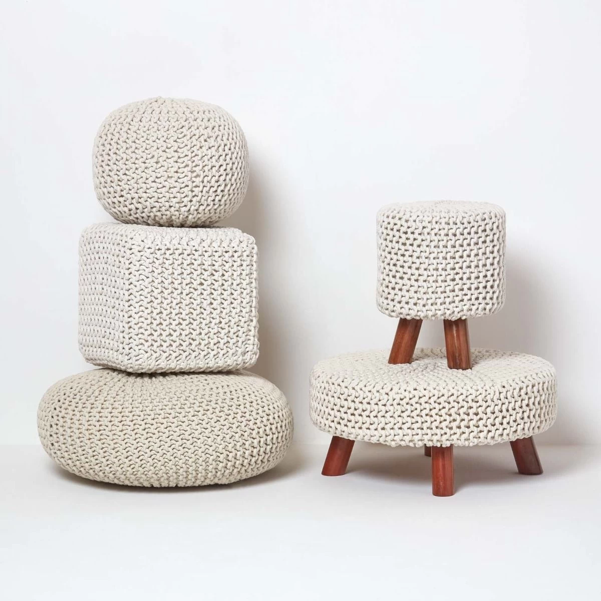 Natural Large Round Cotton Knitted Pouffe Footstool - Image 5