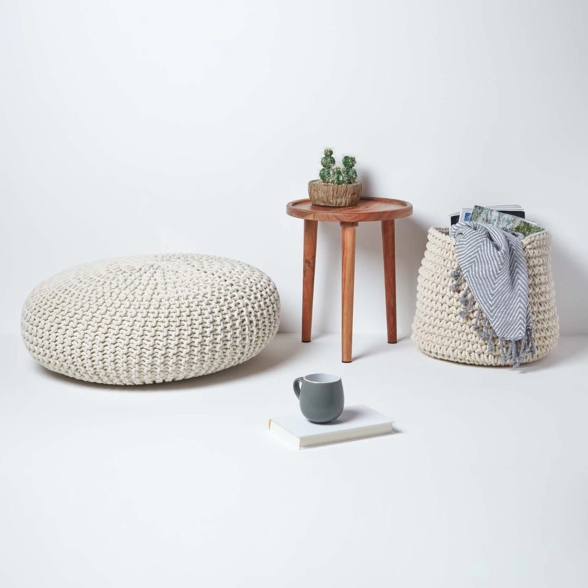 Natural Large Round Cotton Knitted Pouffe Footstool - Image 6