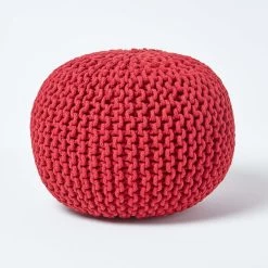 Red Round Cotton Knitted Pouffe Footstool