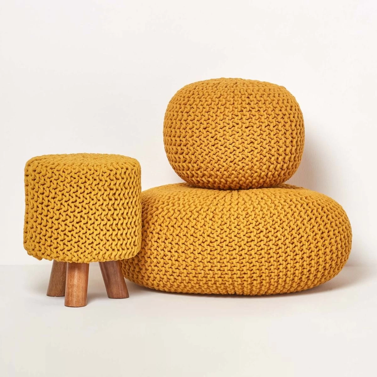 Mustard Round Cotton Knitted Pouffe Footstool - Image 5