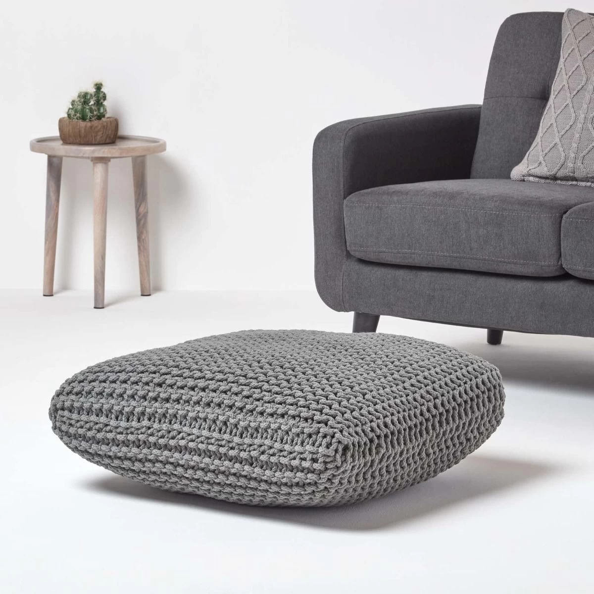 Grey Square Cotton Knitted Pouffe Floor Cushion - Image 2