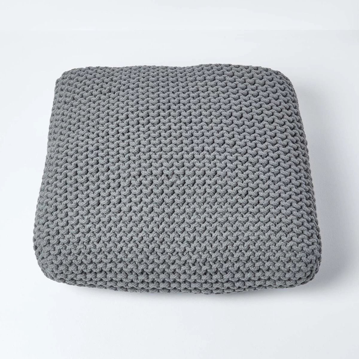 Grey Square Cotton Knitted Pouffe Floor Cushion - Image 3