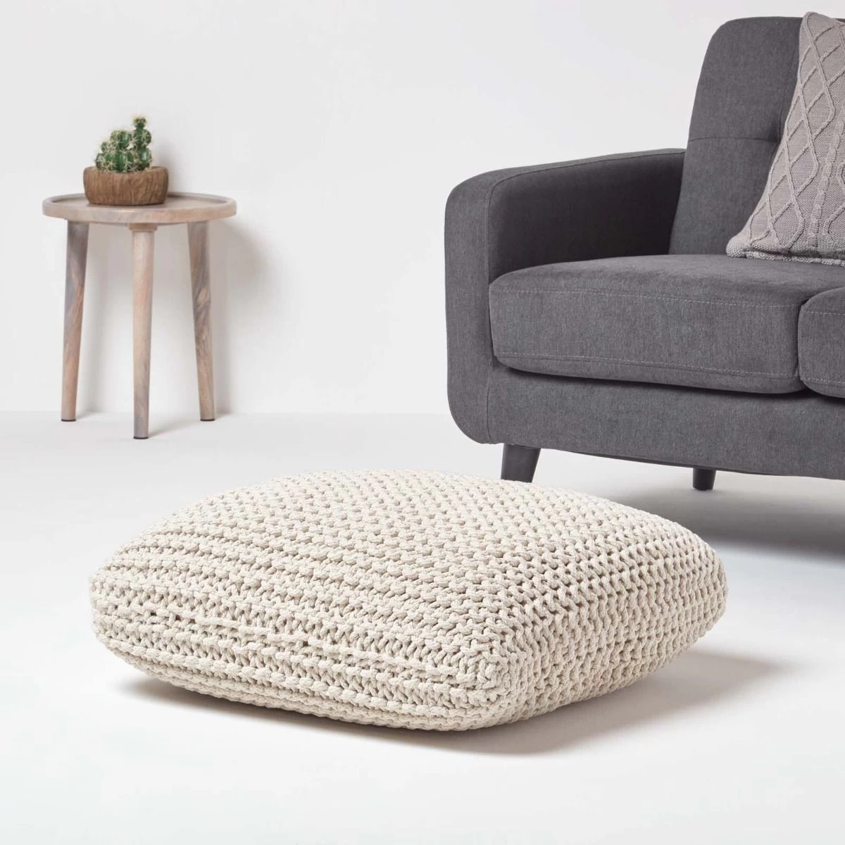 Natural Square Cotton Knitted Pouffe Floor Cushion - Image 2