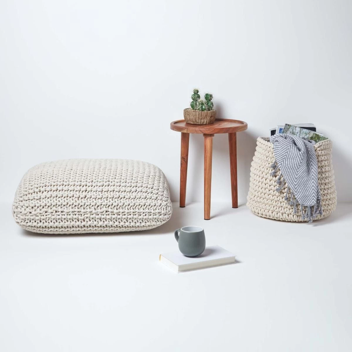 Natural Square Cotton Knitted Pouffe Floor Cushion - Image 6