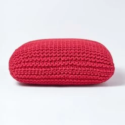 Red Square Cotton Knitted Pouffe Floor Cushion
