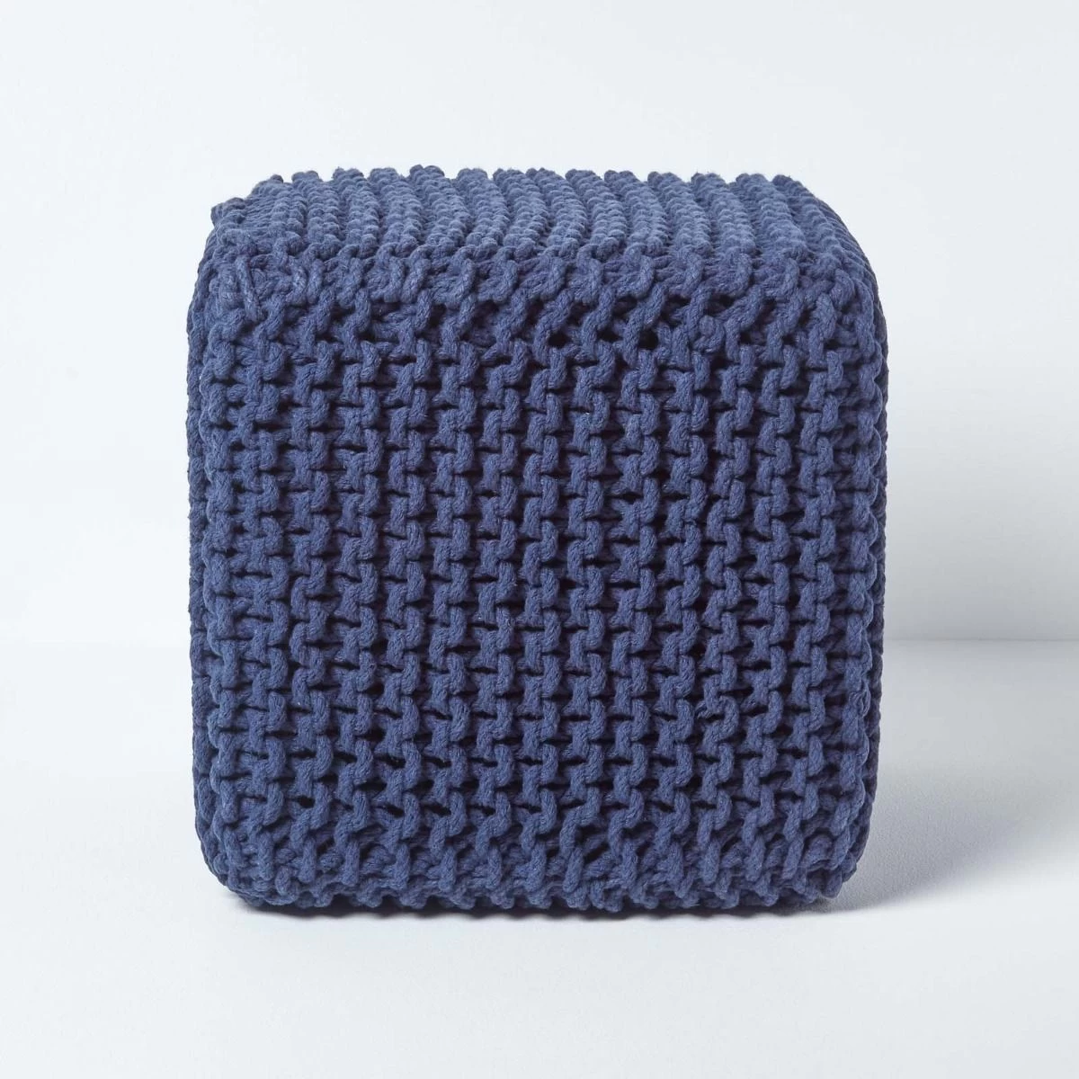 Navy Blue Cube Cotton Knitted Pouffe Footstool