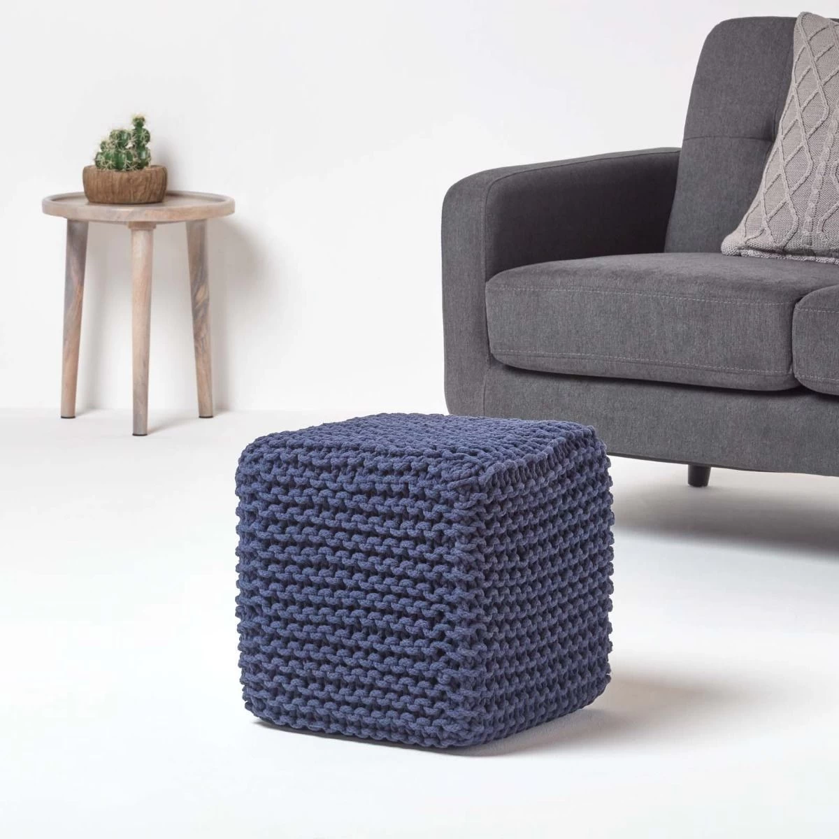 Navy Blue Cube Cotton Knitted Pouffe Footstool - Image 2