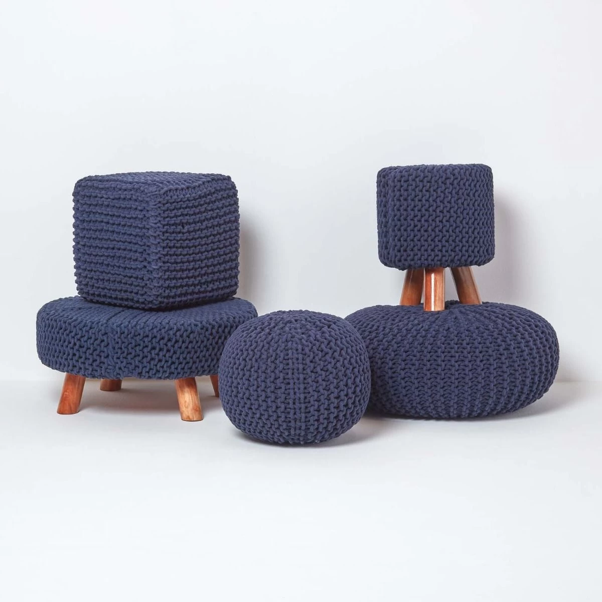 Navy Blue Cube Cotton Knitted Pouffe Footstool - Image 5