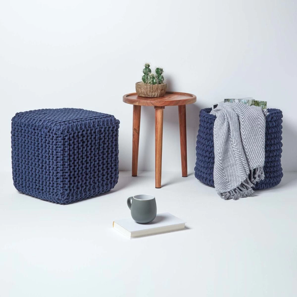 Navy Blue Cube Cotton Knitted Pouffe Footstool - Image 6