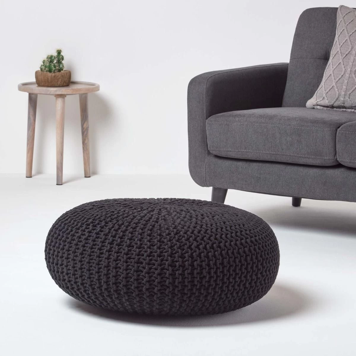 Black Large Round Cotton Knitted Pouffe Footstool - Image 2