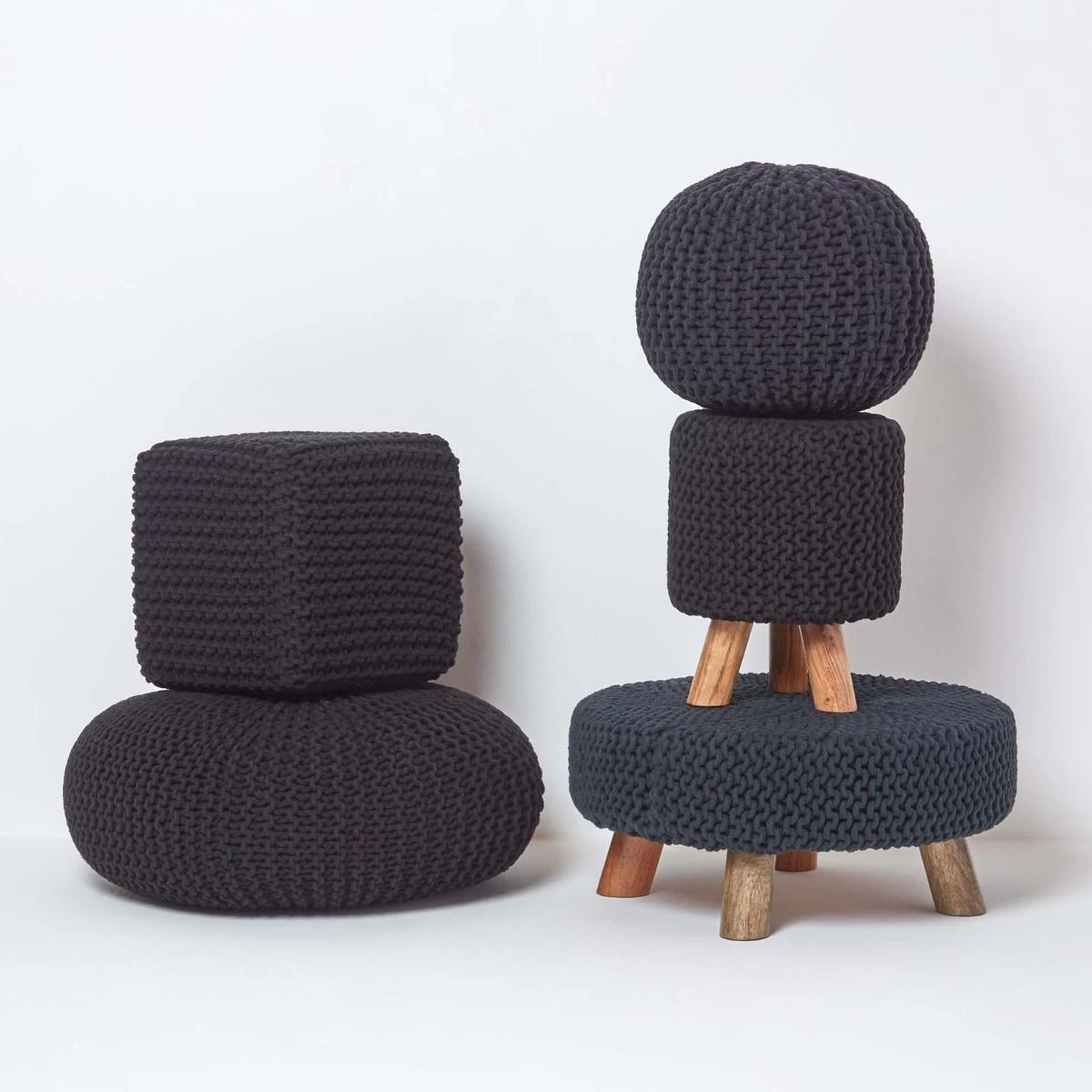 Black Large Round Cotton Knitted Pouffe Footstool - Image 5