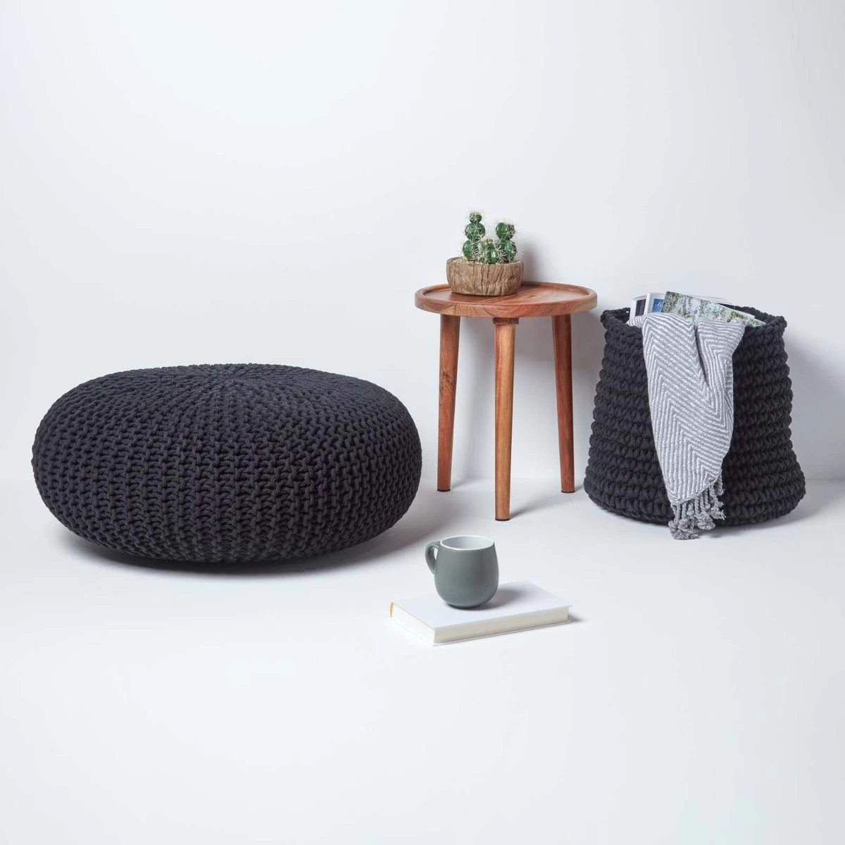 Black Large Round Cotton Knitted Pouffe Footstool - Image 6
