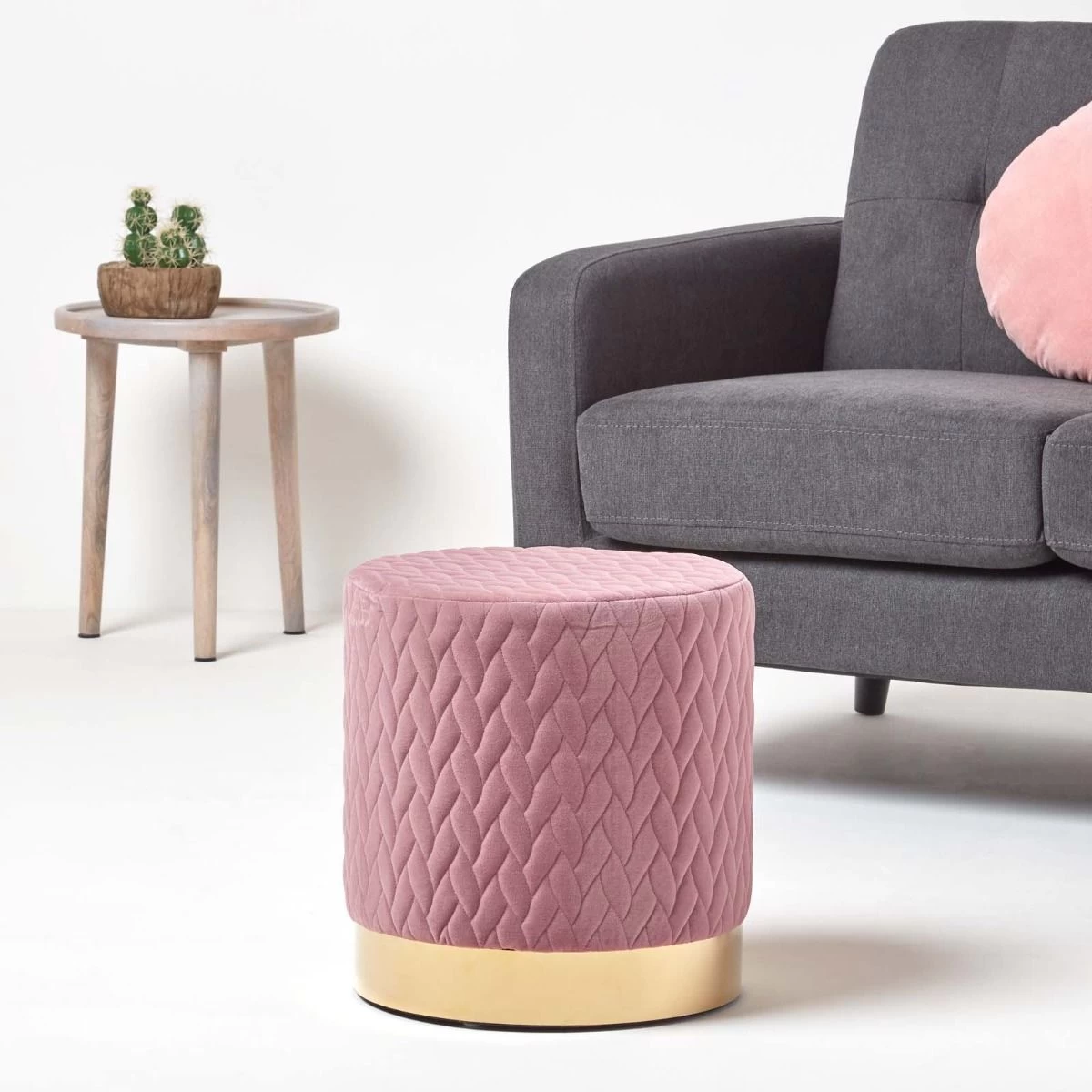 Kensington Velvet Round Footstool, Pink - Image 2